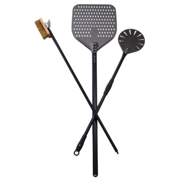 OMBERG pizzatarvikute komplekt (perforeeritud pizzalabidas 100 cm, keeratav ümmargune pizzalabidas 95 cm ja pizzaahju puhastushari 100 cm)