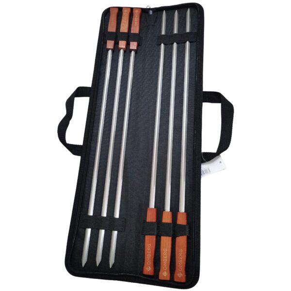 Omberg 60 cm kolmnurkse ristlõikega šašlõkivardad puitkäepidemega (laius 1 cm) 6 tk kandekotis