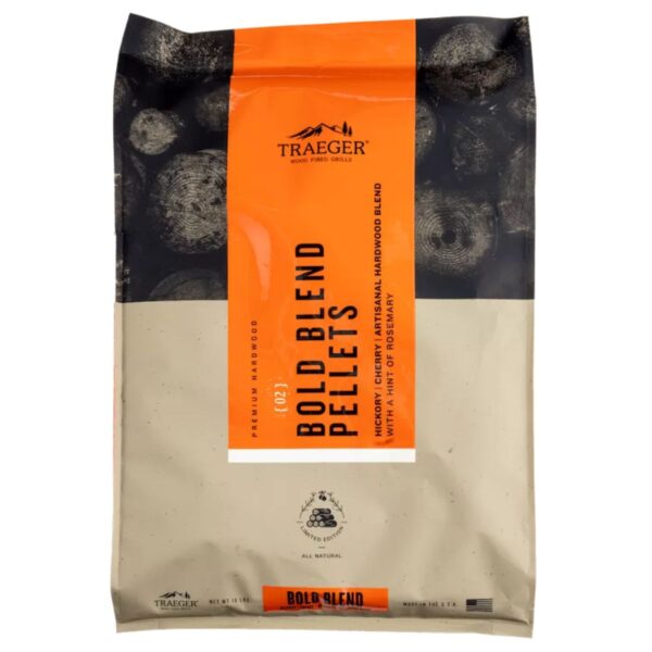 TRAEGER BOLD BLEND puidupelletid suitsuahjule 8,14 kg (segu kirsi ja hikkori lehtpuust koos vähese rosmariiniga)